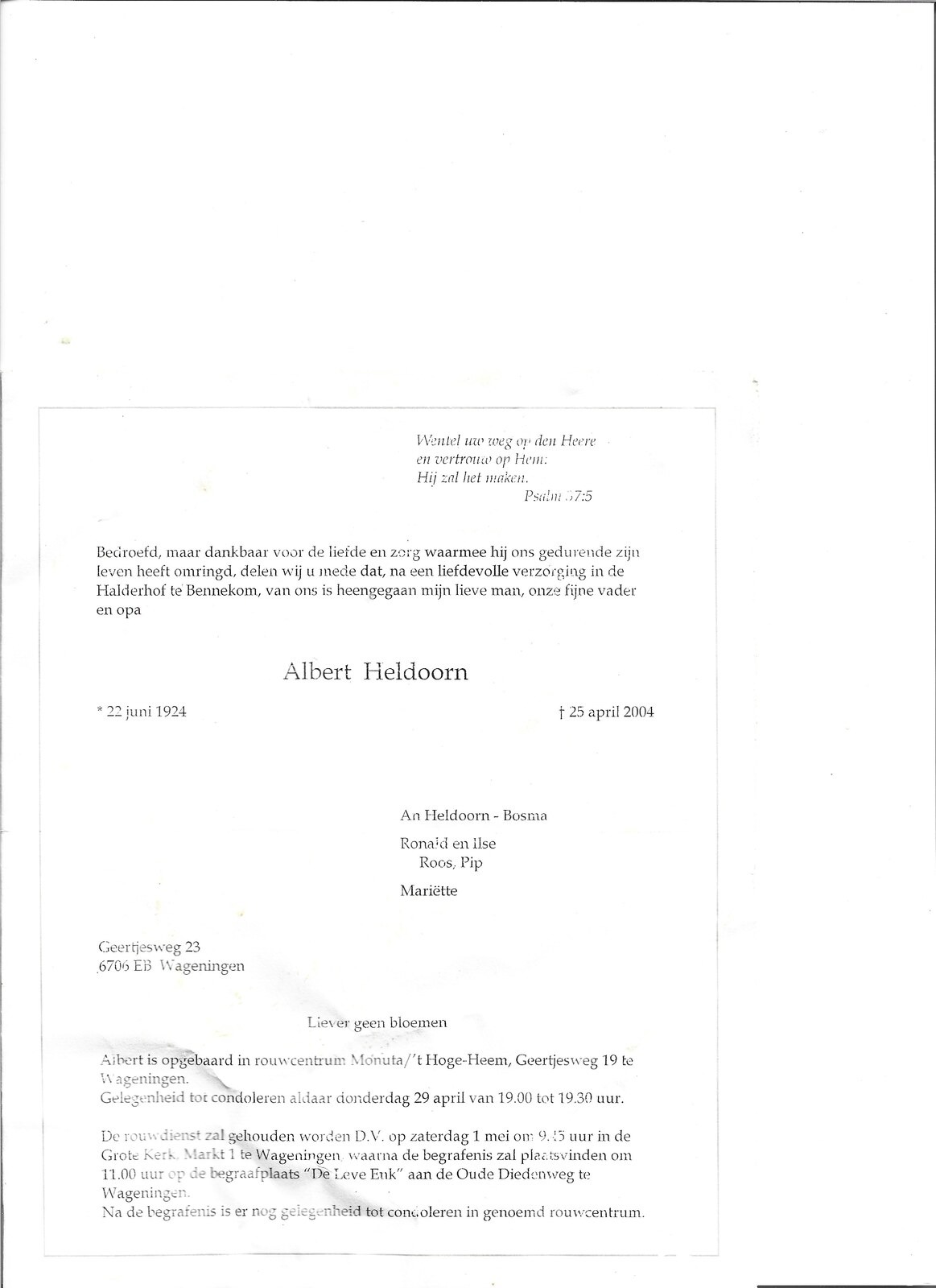 Rouwkaart Albert Heldoorn