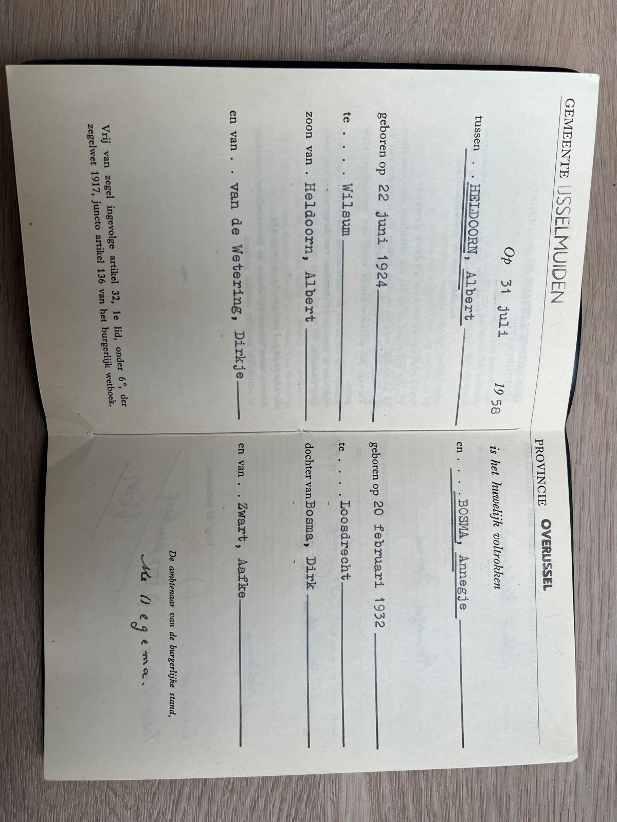 Trouwboekje van Albert Heldoorn en Anny Bosma, 1958
